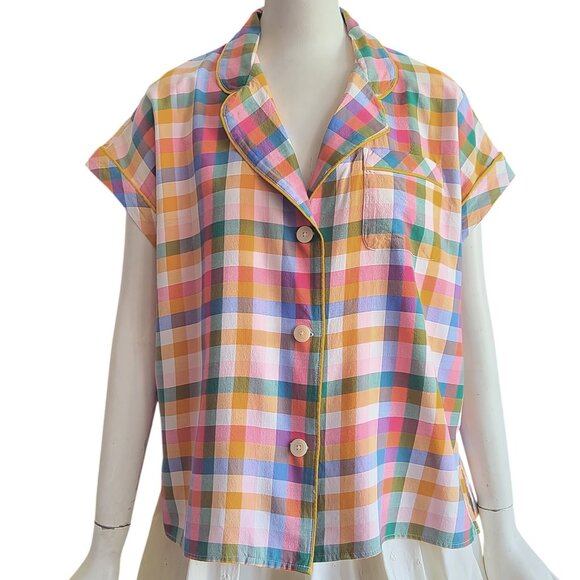Madewell Rainbow Plaid Check Cotton Pajama Lounge Sleep Top w Pocket M Sold Out - Picture 1 of 10